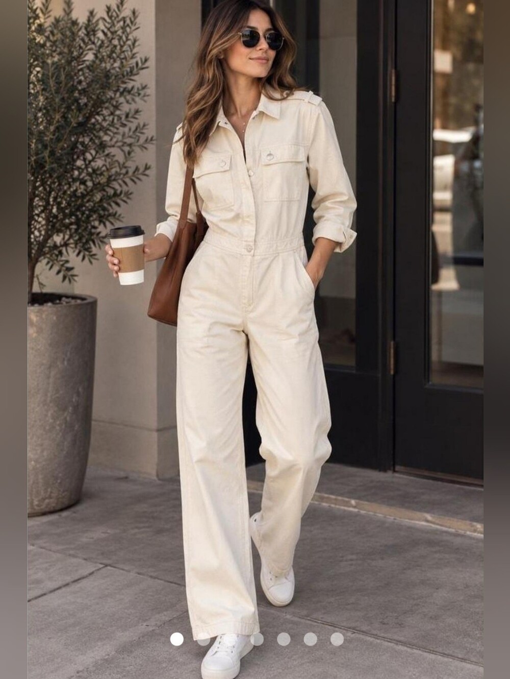 Women’s Long-Sleeve Cream Utility Jumpsuit